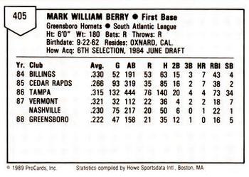 1989 ProCards Minor League Team Sets #405 Mark Berry Back