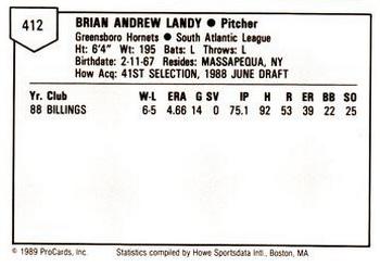 1989 ProCards Minor League Team Sets #412 Brian Landy Back