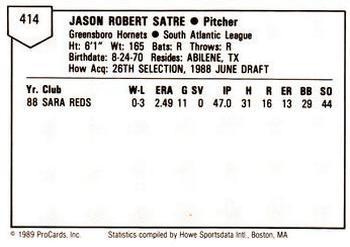1989 ProCards Minor League Team Sets #414 Jason Satre Back