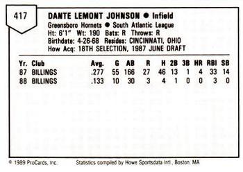 1989 ProCards Minor League Team Sets #417 Dante Johnson Back