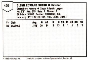 1989 ProCards Minor League Team Sets #420 Glenn Sutko Back