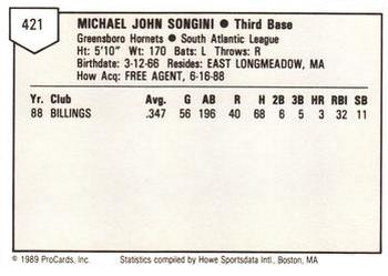 1989 ProCards Minor League Team Sets #421 Mike Songini Back