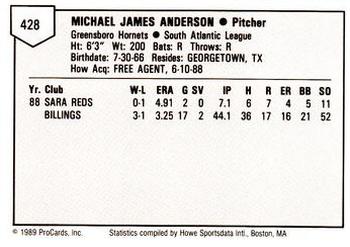 1989 ProCards Minor League Team Sets #428 Mike Anderson Back