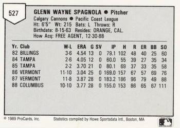 1989 ProCards Minor League Team Sets #527 Glenn Spagnola Back
