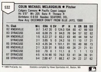 1989 ProCards Minor League Team Sets #532 Colin McLaughlin Back