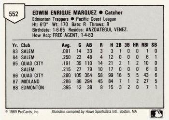 1989 ProCards Minor League Team Sets #552 Edwin Marquez Back