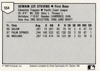 1989 ProCards Minor League Team Sets #554 Lee Stevens Back