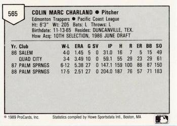 1989 ProCards Minor League Team Sets #565 Colin Charland Back