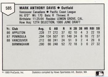1989 ProCards Minor League Team Sets #585 Mark Davis Back