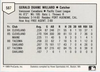 1989 ProCards Minor League Team Sets #587 Jerry Willard Back
