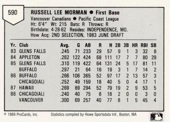 1989 ProCards Minor League Team Sets #590 Russ Morman Back