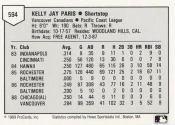 1989 ProCards Minor League Team Sets #594 Kelly Paris Back