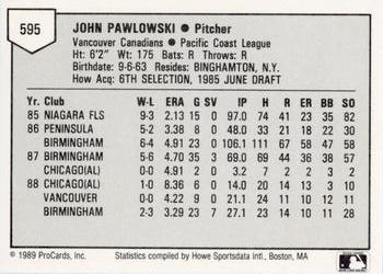 1989 ProCards Minor League Team Sets #595 John Pawlowski Back