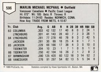 1989 ProCards Minor League Team Sets #596 Marlin McPhail Back