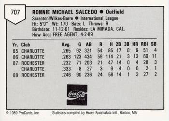 1989 ProCards Minor League Team Sets #707 Ron Salcedo Back
