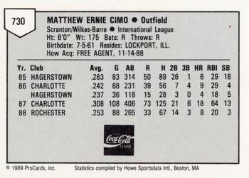 1989 ProCards Minor League Team Sets #730 Matt Cimo Back