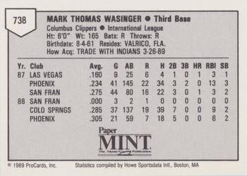 1989 ProCards Minor League Team Sets #738 Mark Wasinger Back