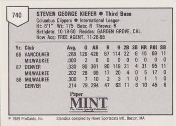 1989 ProCards Minor League Team Sets #740 Steve Kiefer Back