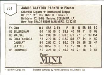 1989 ProCards Minor League Team Sets #751 Clay Parker Back
