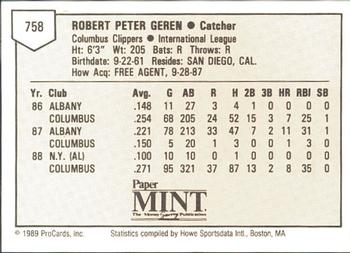 1989 ProCards Minor League Team Sets #758 Bob Geren Back