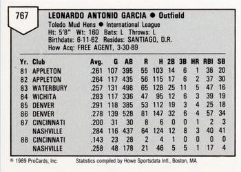 1989 ProCards Minor League Team Sets #767 Leo Garcia Back