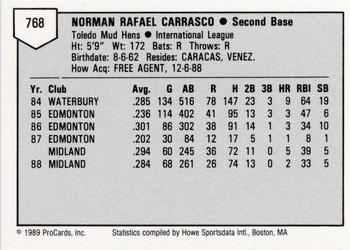 1989 ProCards Minor League Team Sets #768 Norman Carrasco Back