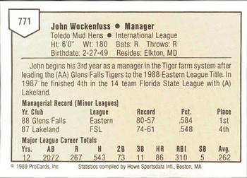 1989 ProCards Minor League Team Sets #771 John Wockenfuss Back