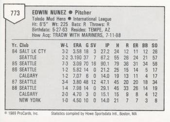 1989 ProCards Minor League Team Sets #773 Edwin Nunez Back