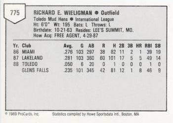 1989 ProCards Minor League Team Sets #775 Rich Wieligman Back