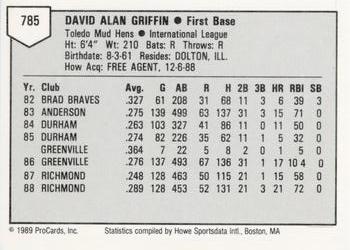 1989 ProCards Minor League Team Sets #785 Dave Griffin Back