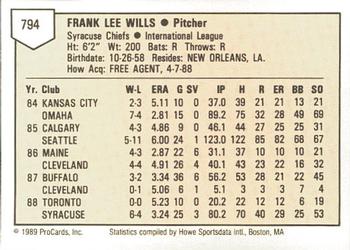 1989 ProCards Minor League Team Sets #794 Frank Wills Back