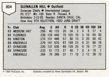 1989 ProCards Minor League Team Sets #804 Glenallen Hill Back