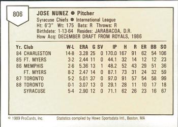 1989 ProCards Minor League Team Sets #806 Jose Nunez Back
