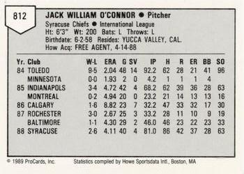 1989 ProCards Minor League Team Sets #812 Jack O'Connor Back