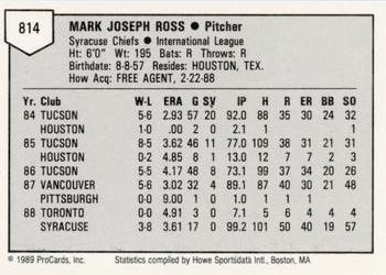 1989 ProCards Minor League Team Sets #814 Mark Ross Back