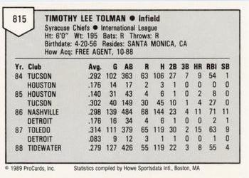 1989 ProCards Minor League Team Sets #815 Tim Tolman Back