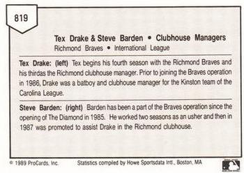 1989 ProCards Minor League Team Sets #819 Tex Drake / Steve Barden Back