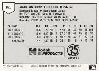 1989 ProCards Minor League Team Sets #825 Mark Eichhorn Back