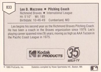 1989 ProCards Minor League Team Sets #833 Leo D. Mazzone Back