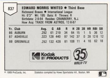 1989 ProCards Minor League Team Sets #837 Ed Whited Back