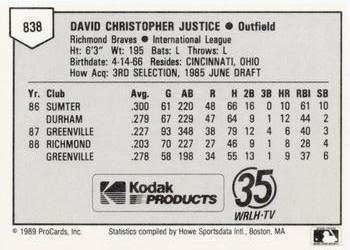 1989 ProCards Minor League Team Sets #838 Dave Justice Back