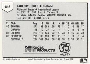 1989 ProCards Minor League Team Sets #846 Barry Jones Back