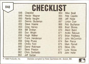 1989 ProCards Minor League Team Sets #848 Checklist Back
