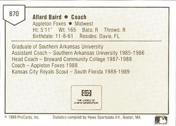 1989 ProCards Minor League Team Sets #870 Allard Baird Back