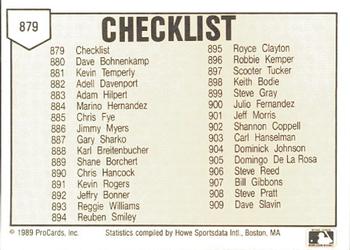 1989 ProCards Minor League Team Sets #879 Checklist Back