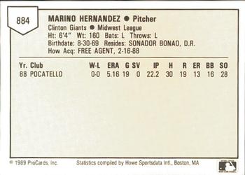 1989 ProCards Minor League Team Sets #884 Marino Hernandez Back