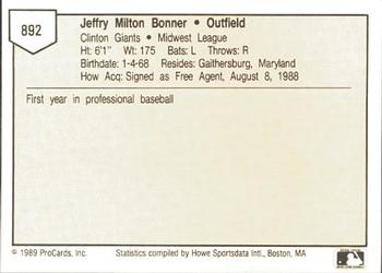 1989 ProCards Minor League Team Sets #892 Jeffry Bonner Back