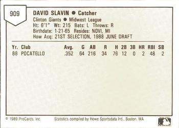 1989 ProCards Minor League Team Sets #909 Dave Slavin Back