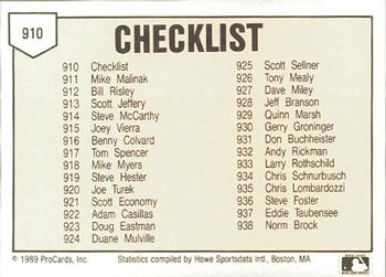1989 ProCards Minor League Team Sets #910 Checklist Back