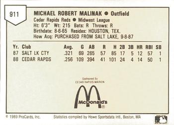 1989 ProCards Minor League Team Sets #911 Mike Malinak Back
